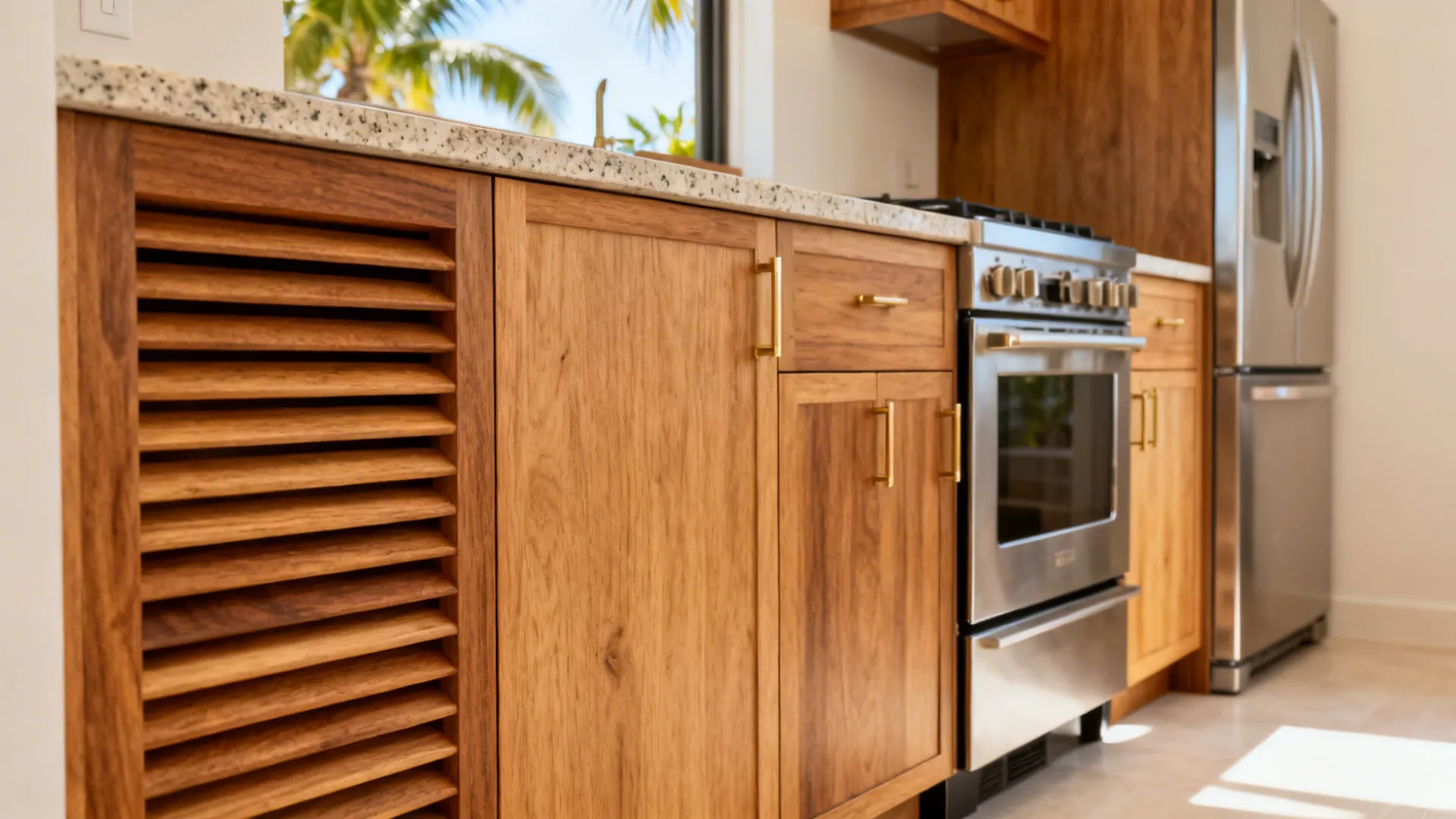 Wooden kitchen cabinets with gold handles under white stone countertop next to stainless steel oven