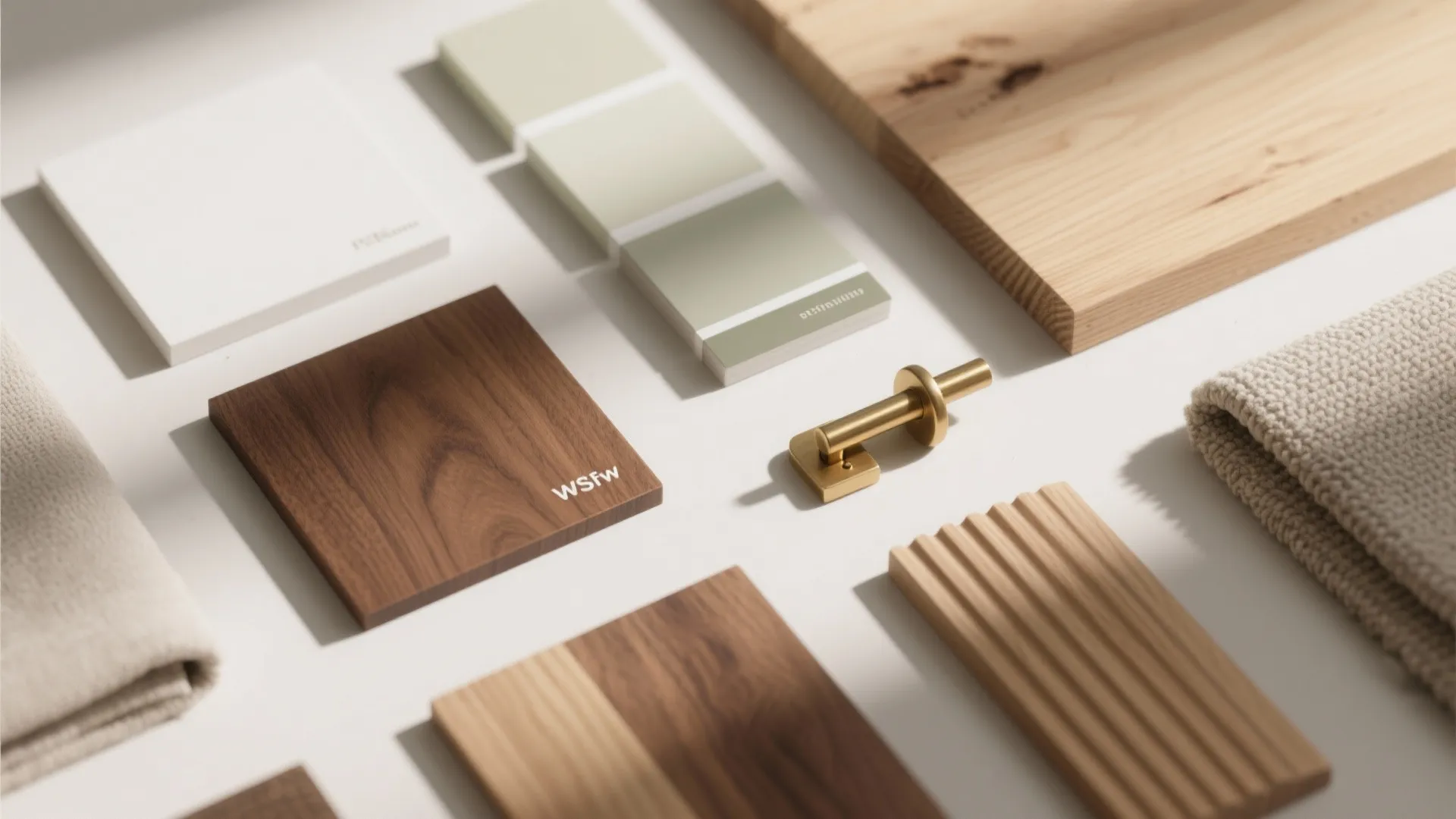 Selection of interior design materials including wood samples, paint colors, fabric, and gold cabinet handle
