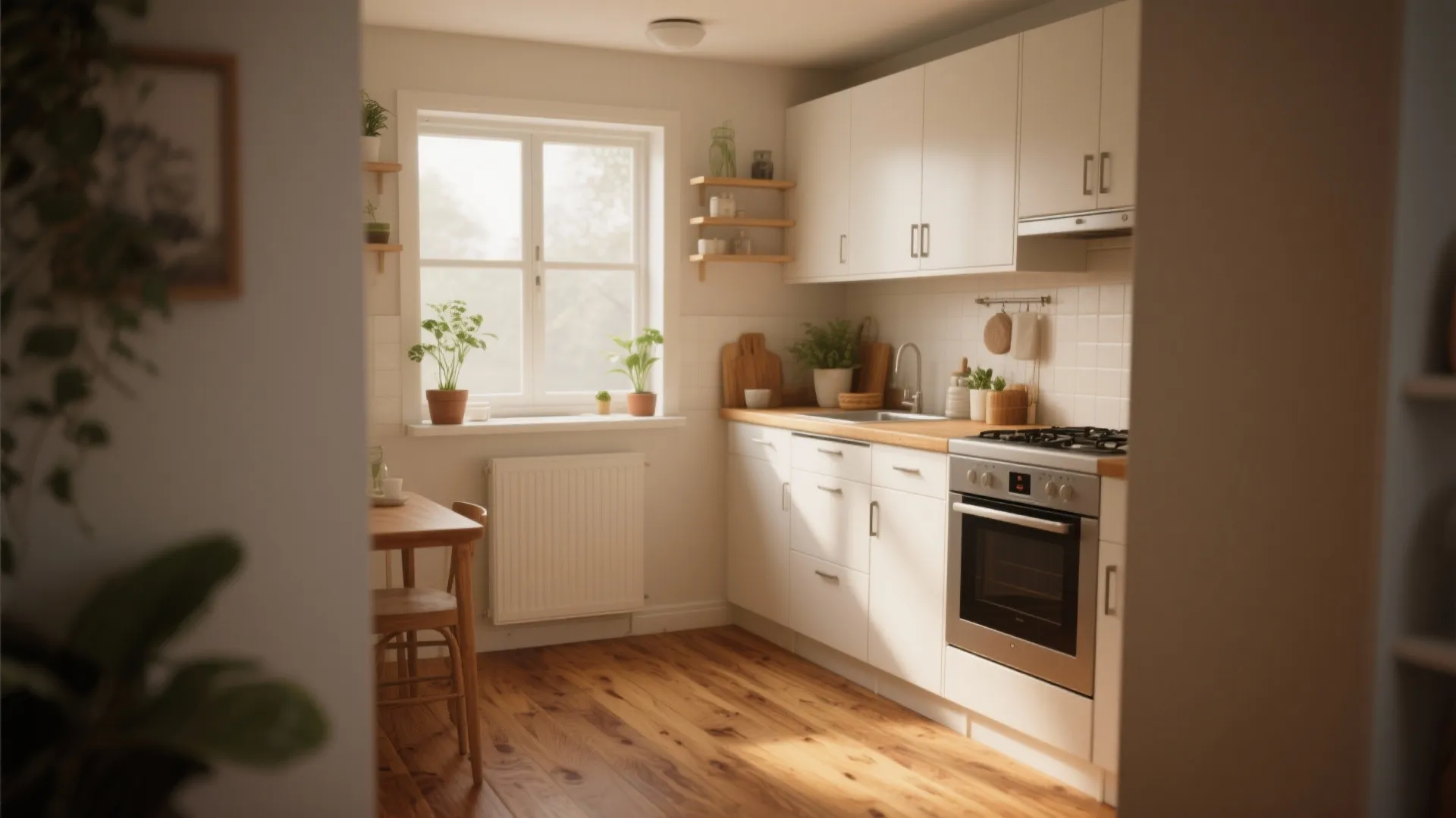 Bright small kitchen with white cabinets warm wood flooring window and a small wooden dining table