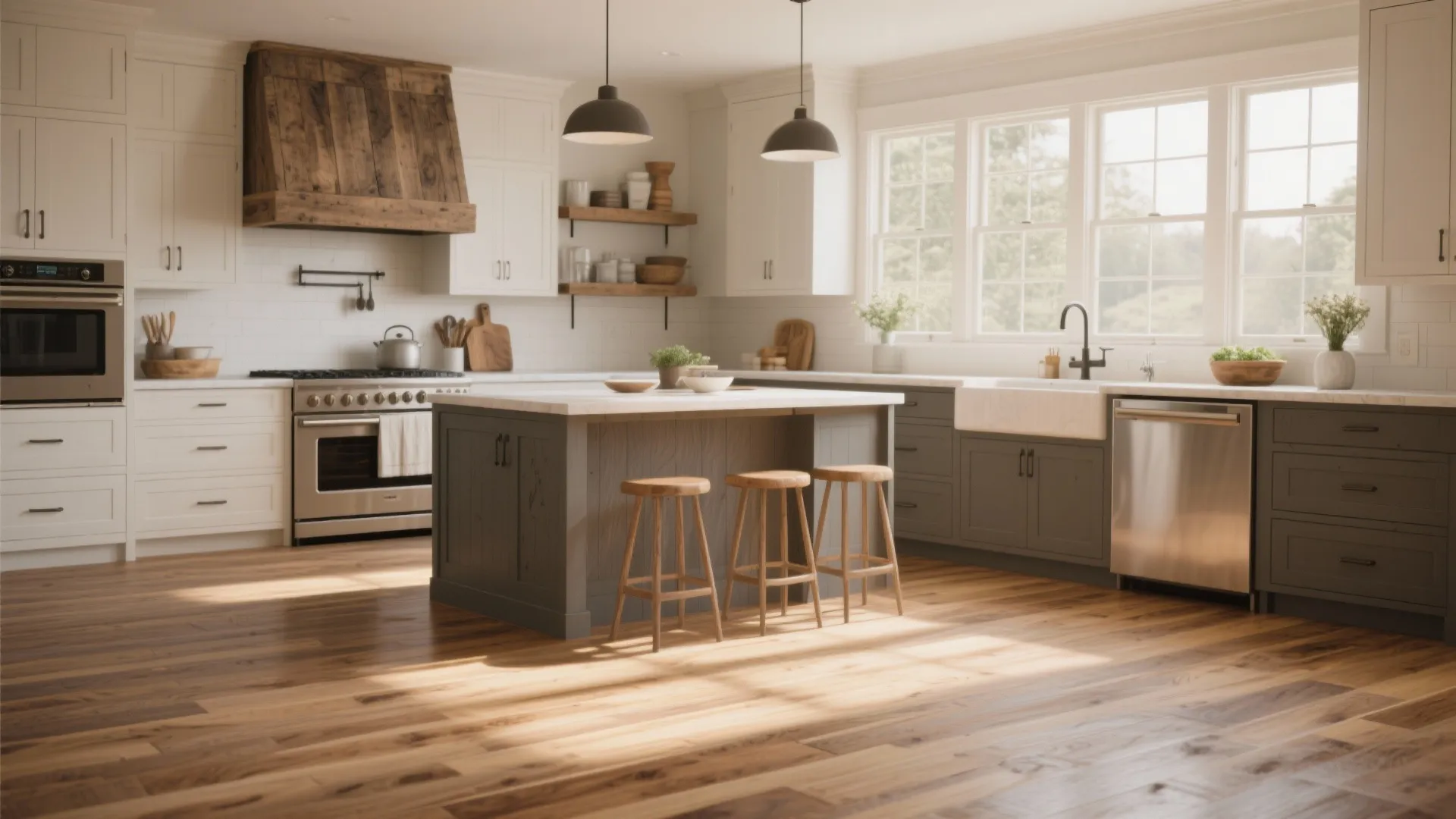 Rustic kitchen featuring wood range hood white cabinets grey island wooden stools and wood floor