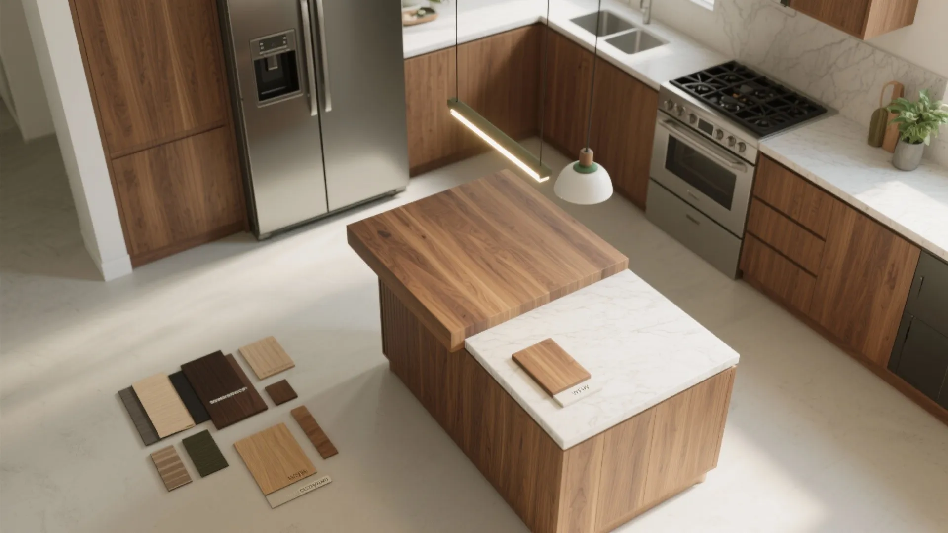 Modern kitchen with wood cabinets stainless steel fridge marble island and sample material boards on floor