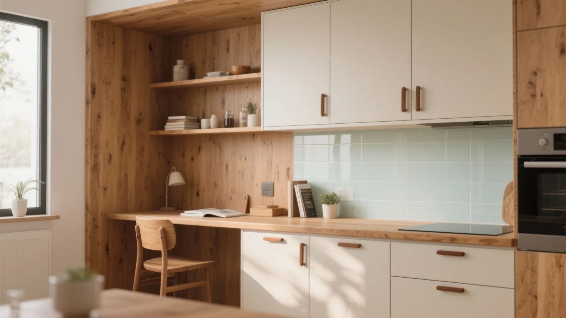 Warm wood elements for a cozy study-adjacent vibe