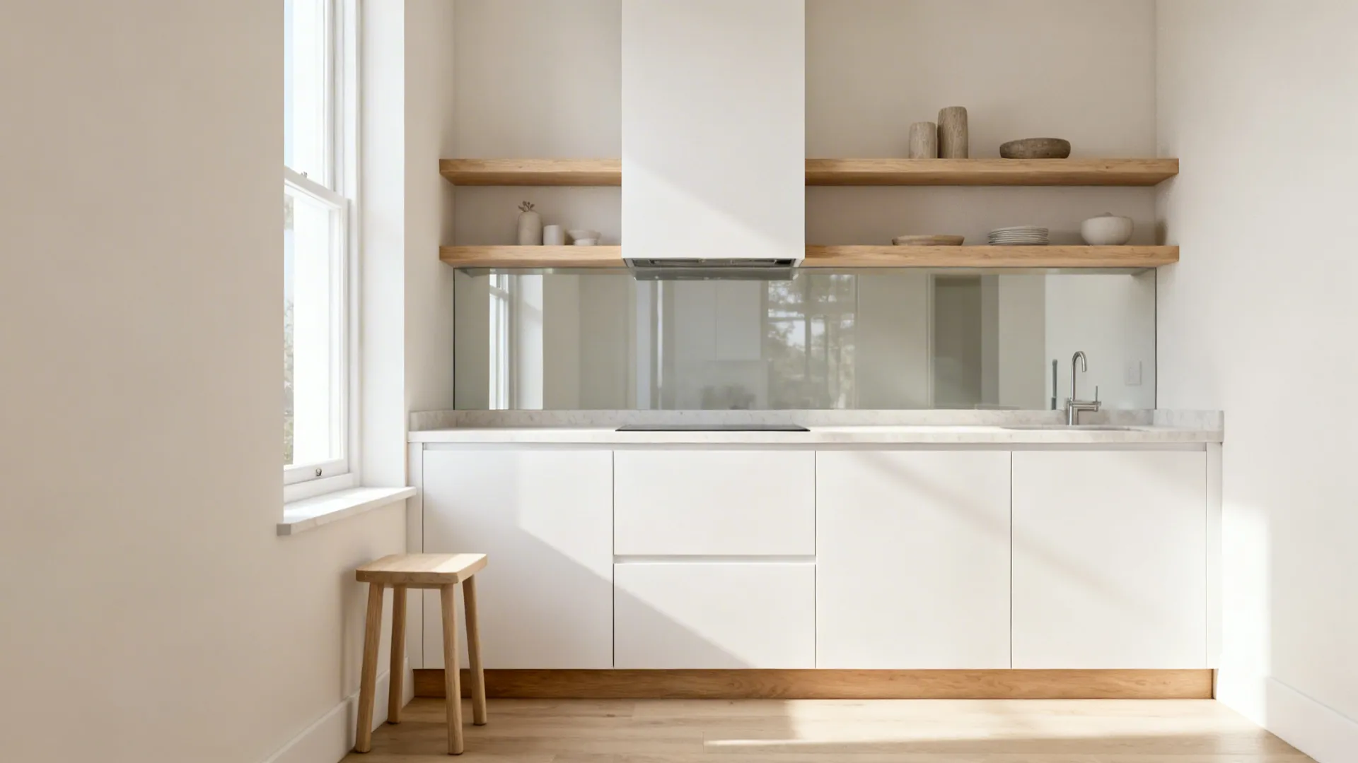 Minimalist white kitchen featuring wooden shelves white cabinets wooden floor a small window and stool