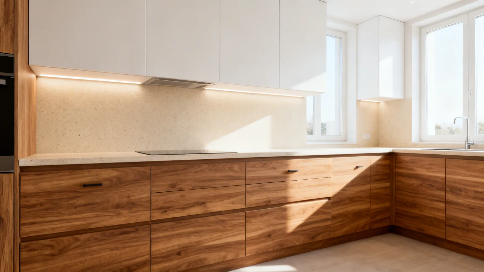 Modern compact kitchen with wood-look base cabinets and matte white uppers.