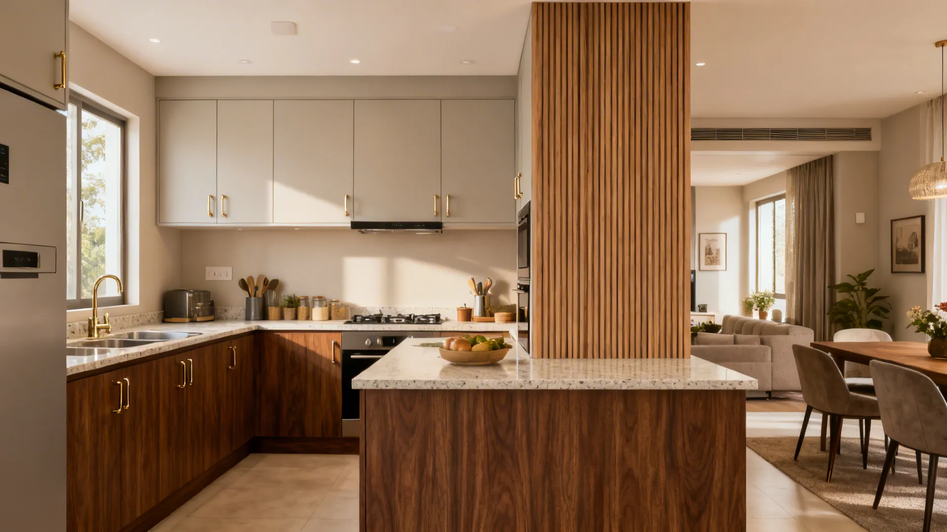 Modern kitchen with walnut-look base cabinets, light uppers, and a tall vertical-grain unit.