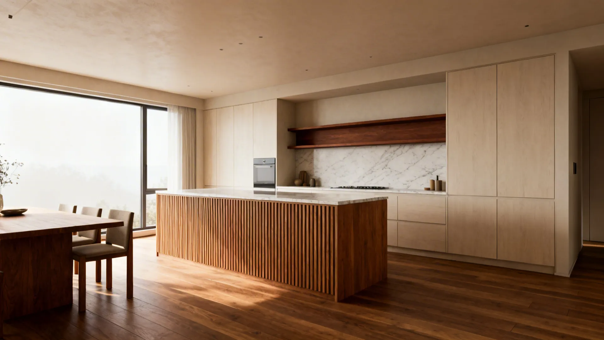 Minimalist kitchen with light wood cabinets marble counters large wood island and a dining table