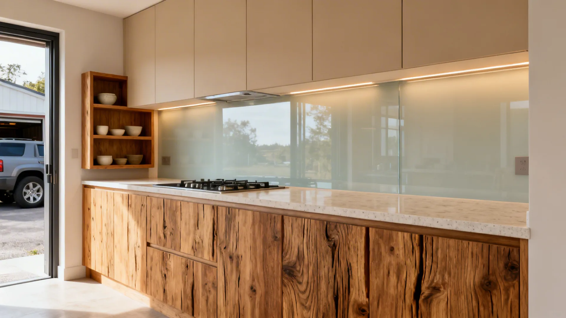 Compact kitchen with rift-cut oak bases, matte beige uppers, light quartz, and pale glass backsplash.