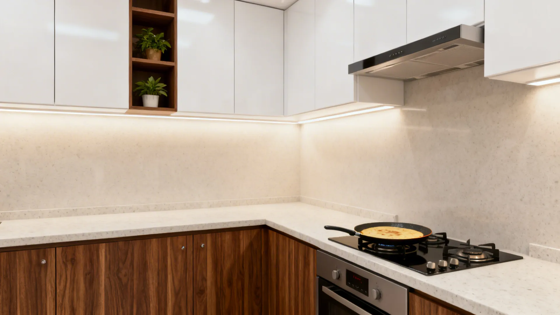 Compact kitchen with walnut lower cabinets and satin white uppers under soft daylight.