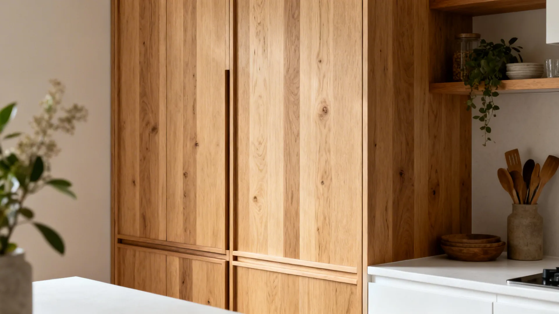 Compact kitchen with light rift-oak tall pantry and white cabinets under soft daylight.