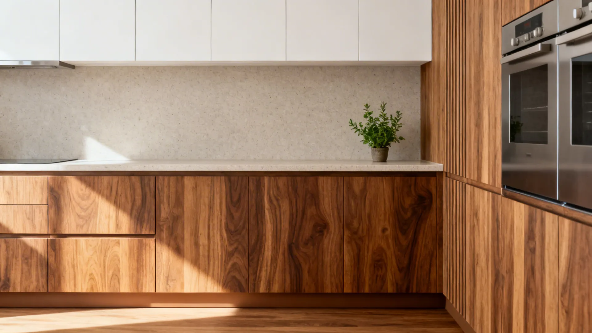 Warm wood kitchen cabinets with white upper cupboards stone countertop small plant and built-in oven