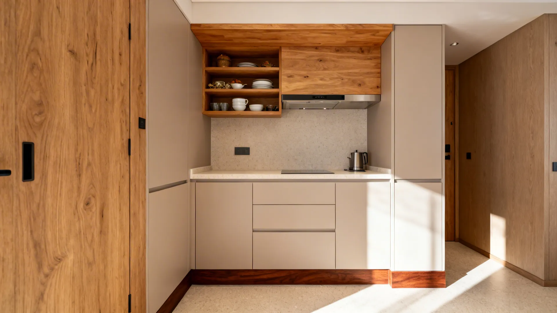 Compact kitchenette with oak shelf, walnut toe-kick, and light cabinets.