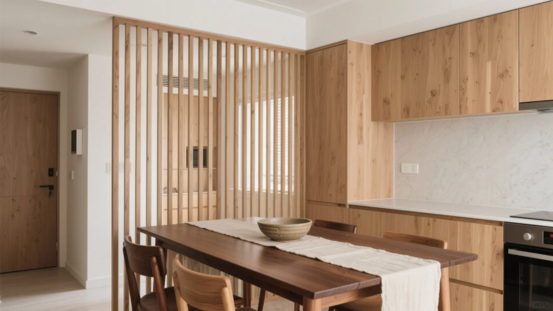 Dining area with dark wood table, light wood cabinets, and vertical wood slat wall room divider