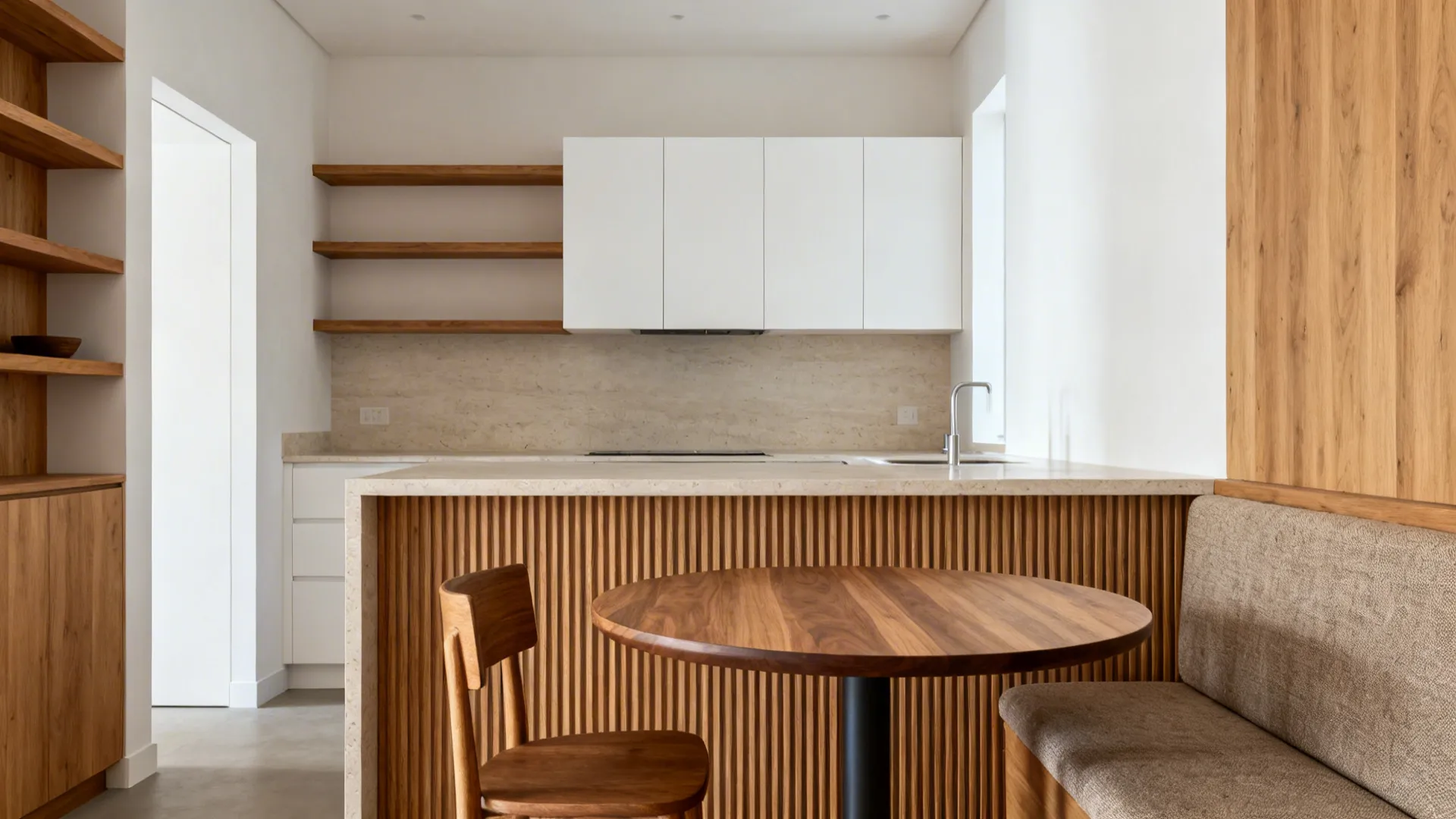 Minimal kitchen dining area with oak shelves and ribbed wood panel adding warmth to white cabinetry.