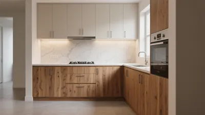 Modern Kitchen with Wood Cabinets and Marble Backsplash