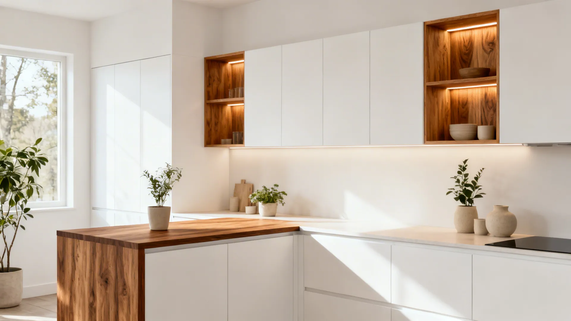 Modern white kitchen cabinets with wood island countertop open wood shelves and integrated light fixtures