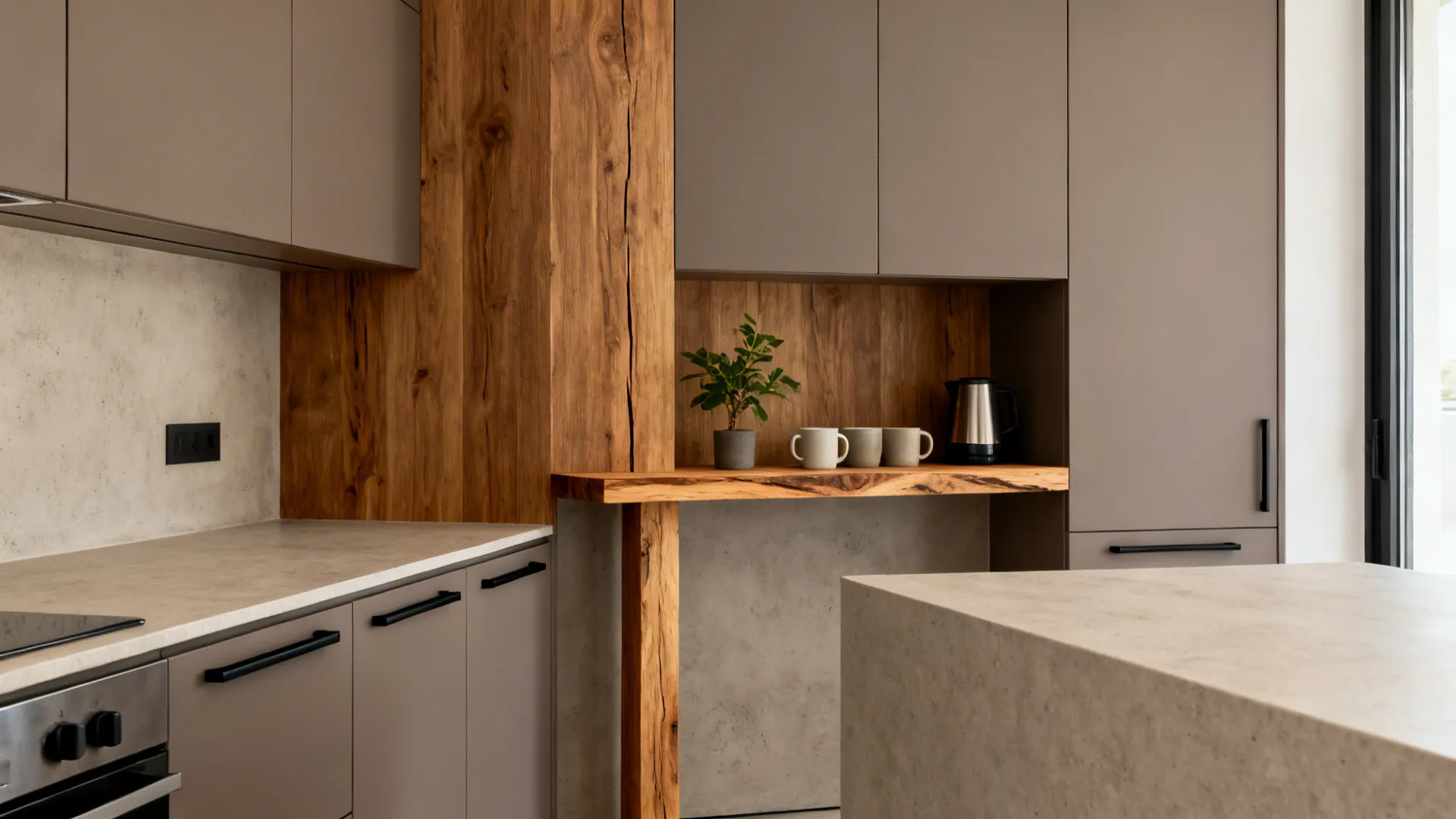 L-shaped kitchen with oak shelf coffee nook, matte gray cabinets, and light quartz counters.