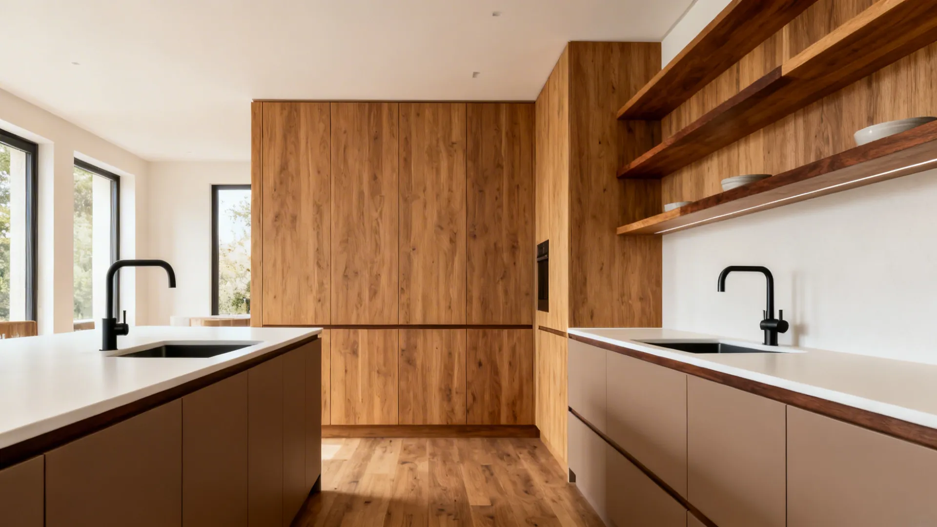 Compact kitchen with warm wood-look laminates and off-white countertops for a cozy feel.