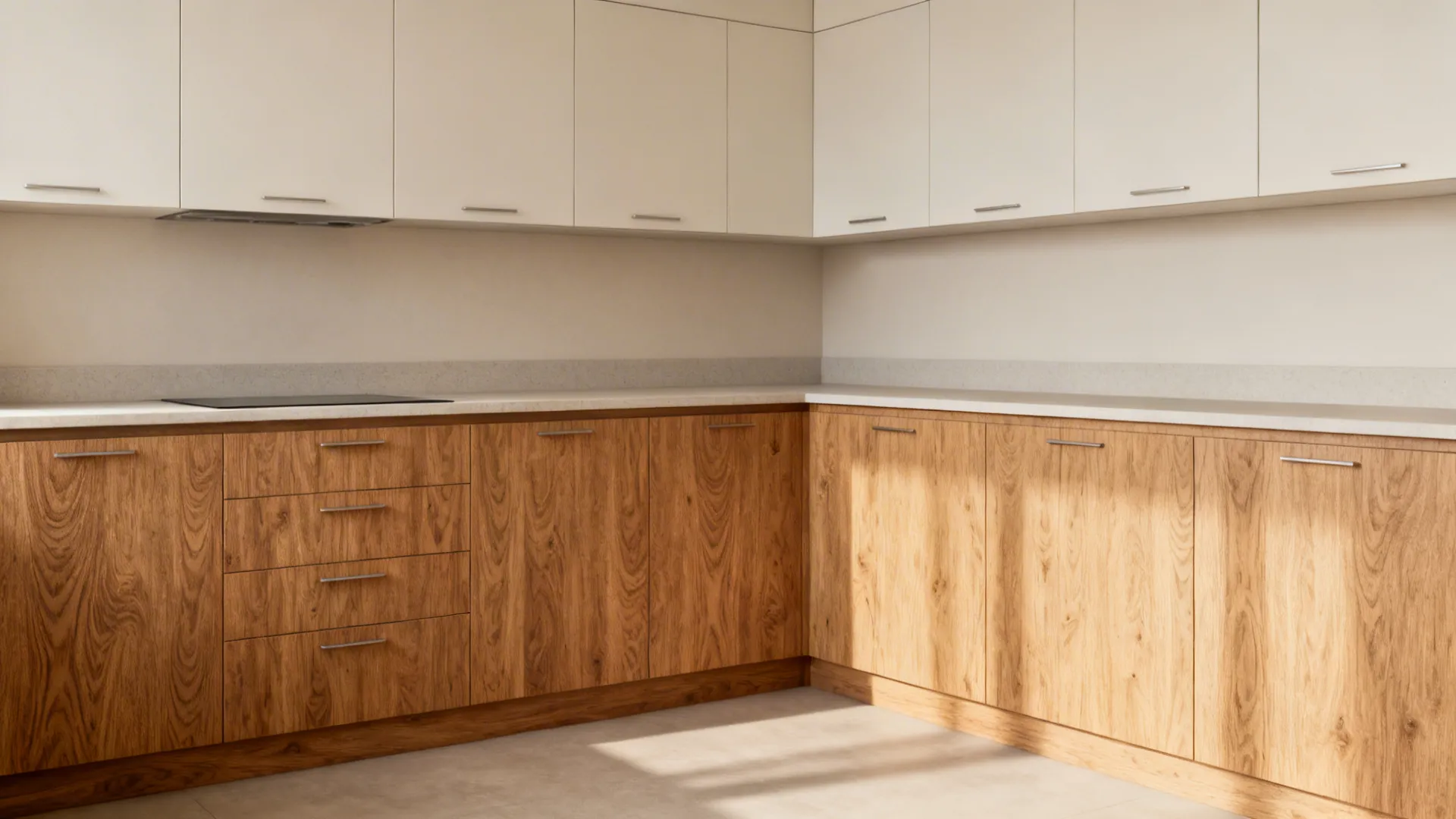 U-shaped kitchen with wood-look laminate bases and light uppers for a warm, durable finish.