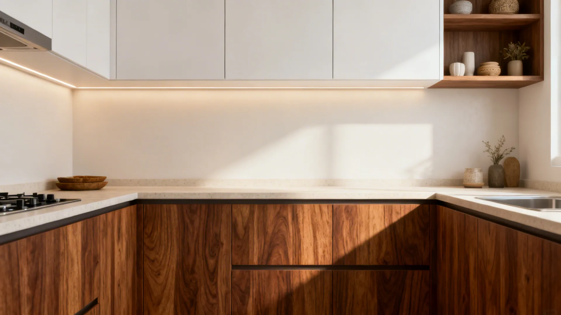 Compact kitchen with walnut-tone textured laminate bases and matte white uppers.