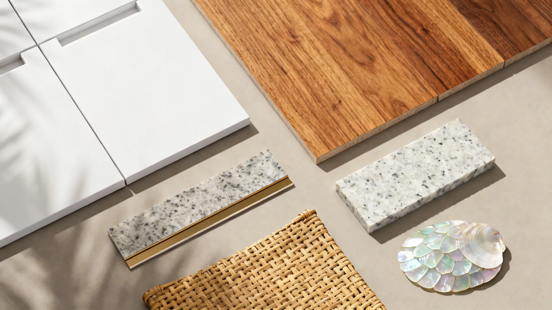 Interior design material samples including wood panels white cabinet doors stone tiles and woven texture