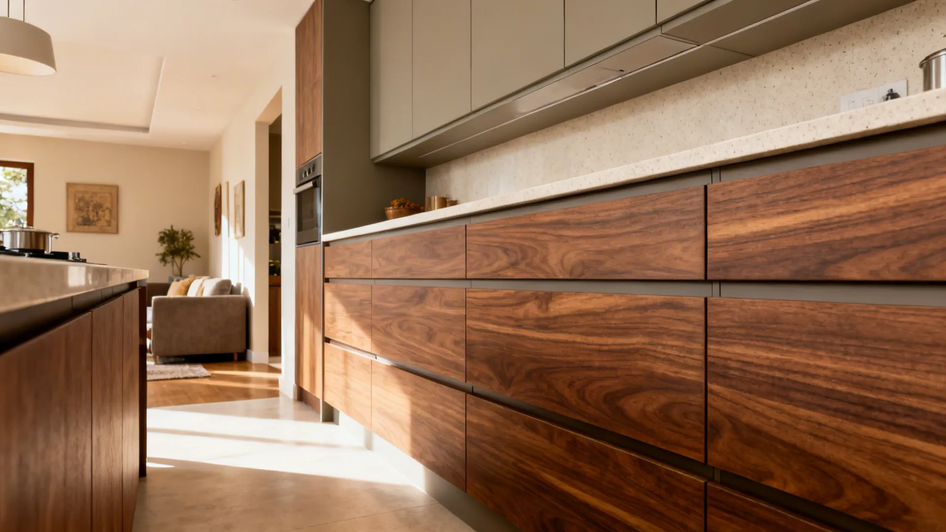 Warm walnut-look lower cabinets with matte neutral uppers and a pale quartz countertop.