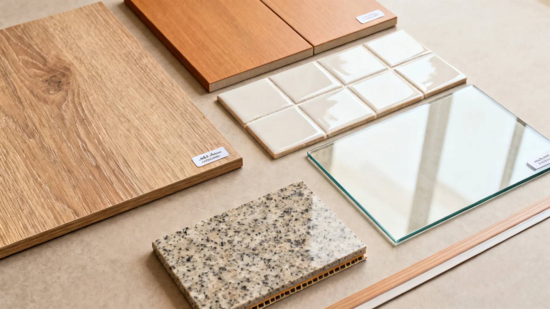Flat lay of wood-look matte laminates, neutral laminates, tile, glass, granite, and edge banding.
