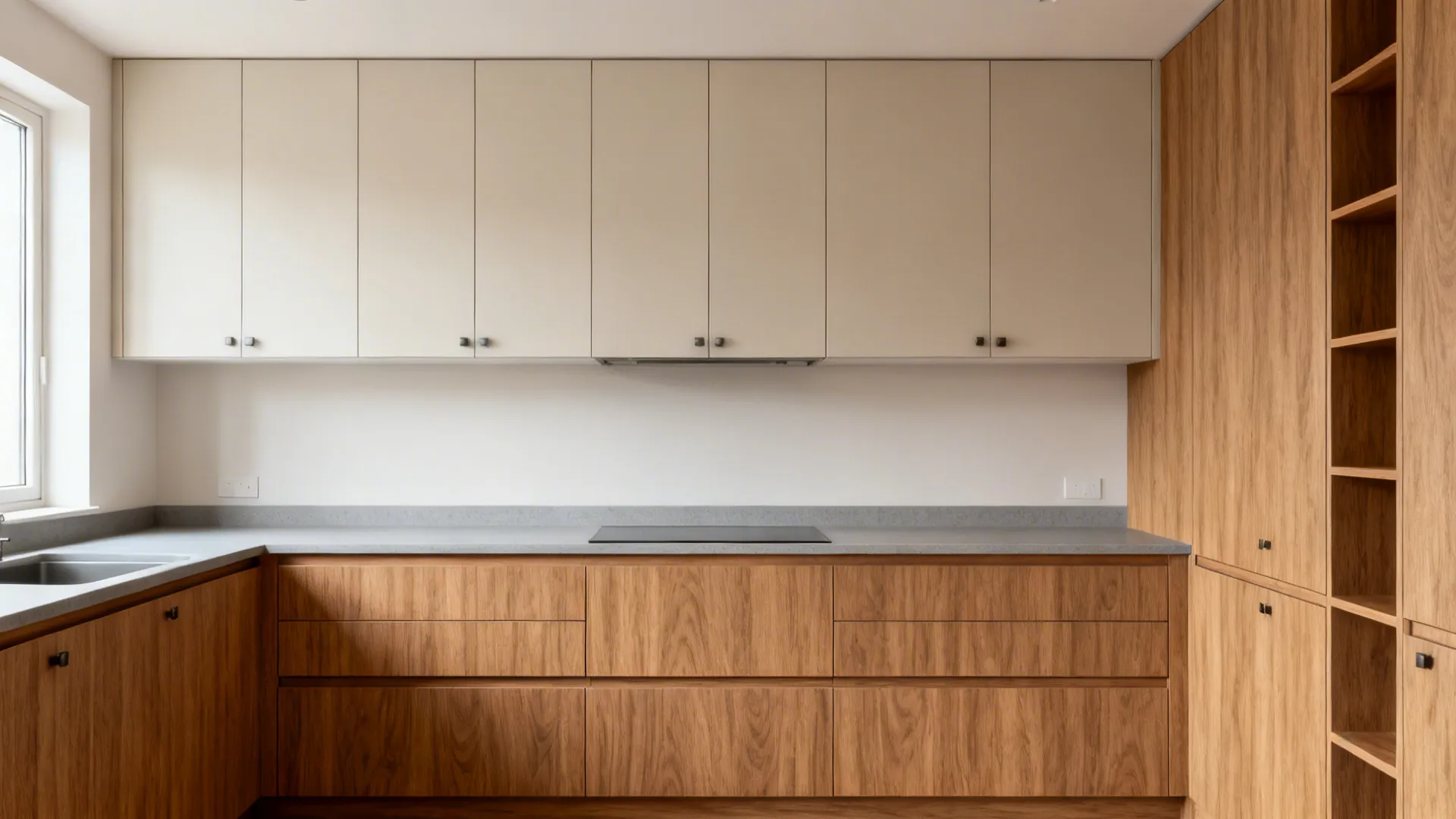 Warm wood laminate base cabinets with light uppers and coordinated open shelves.