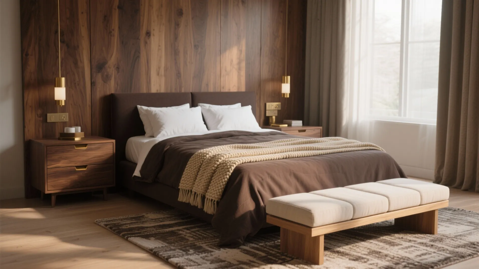 Layered wood tones in a bedroom: dark walnut bed, mid-tone chest, light ash bench and woven throws