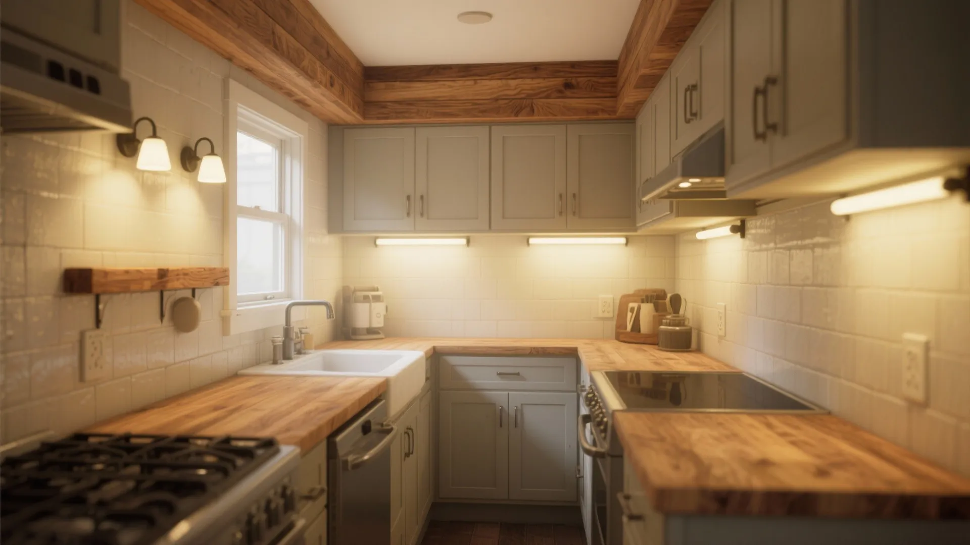Warm Wood Accents under Layered Lighting