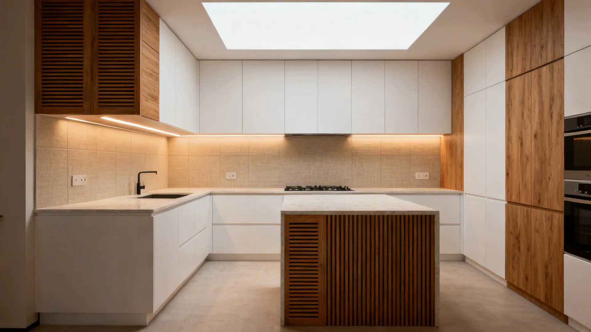 Warm wood accents with layered lighting