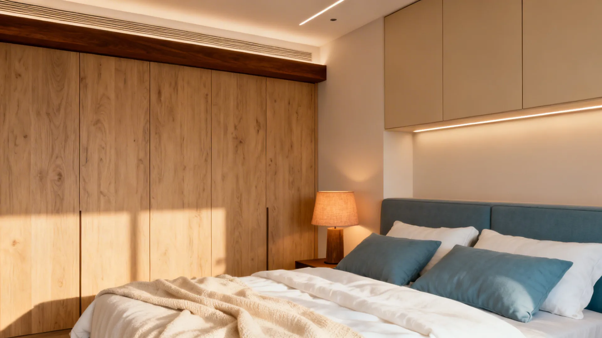 Cozy small bedroom with oak finishes and layered lighting from ceiling, LEDs, and a table lamp.