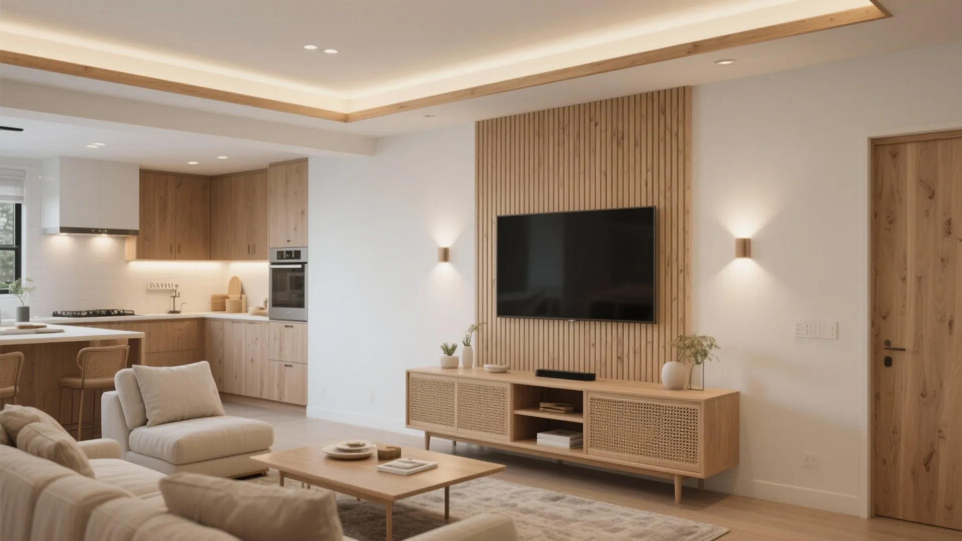 Warm wood accents and layered lighting