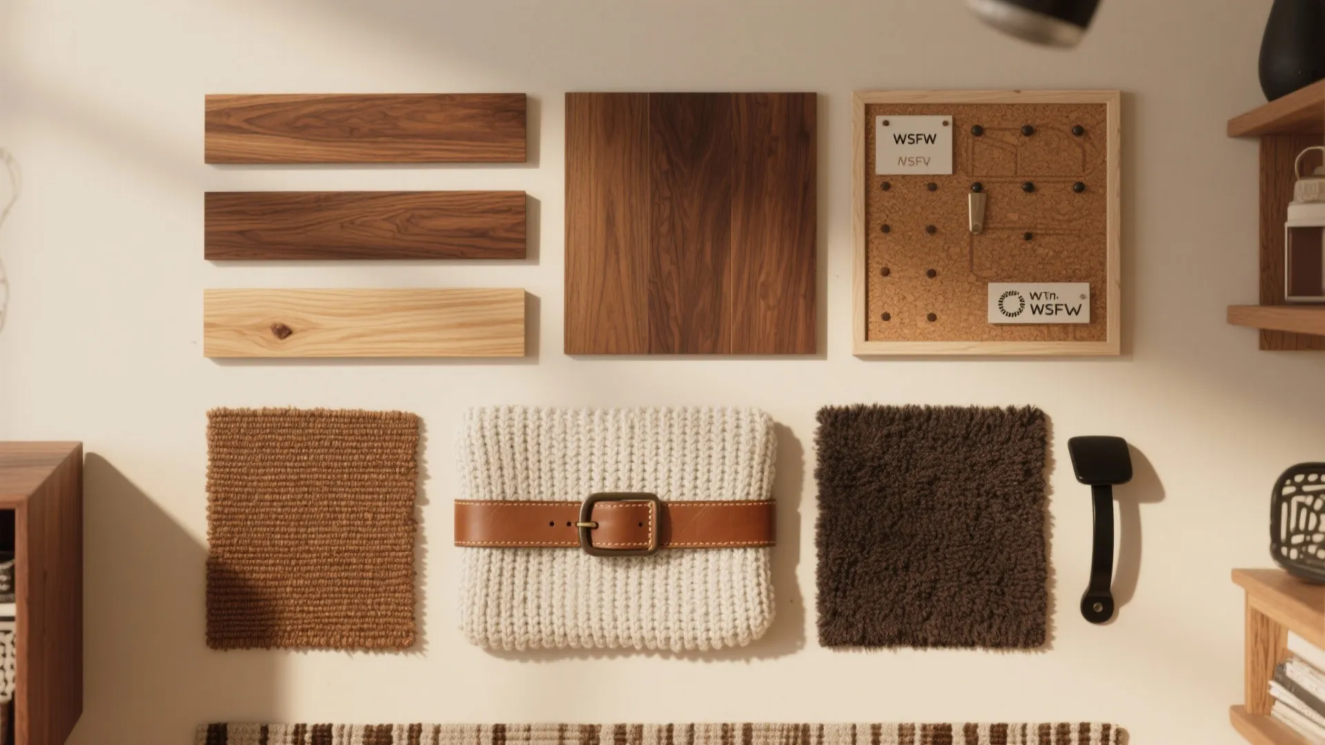 Interior design mood board with wood samples carpet pieces cork board and soft fabric materials