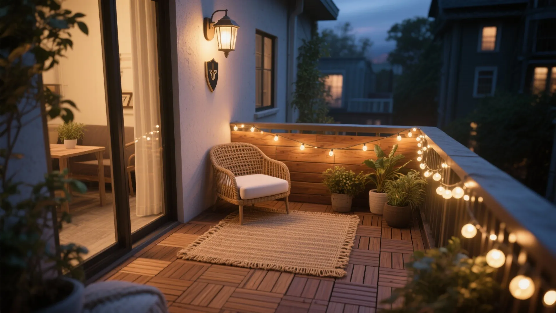 Warm wood deck tiles, woven rug, and layered lighting transforming a small balcony into a cozy nook.