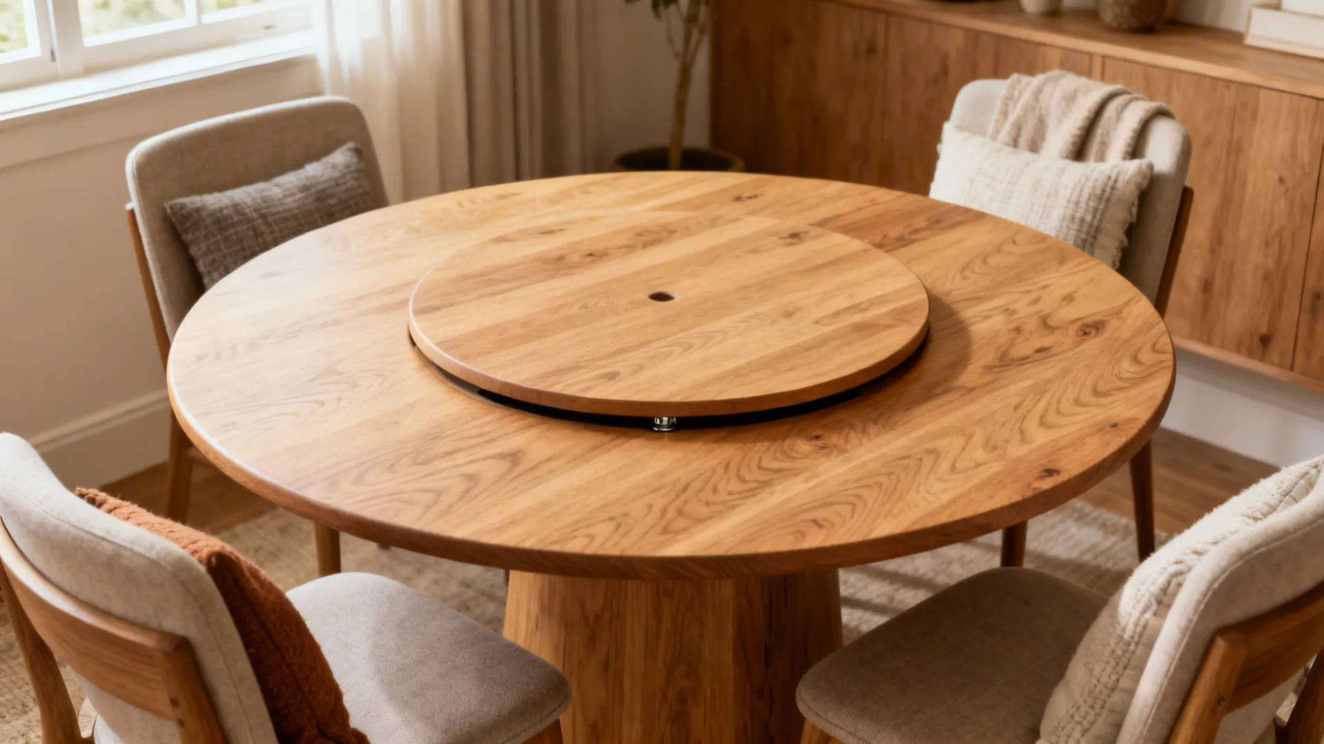 Round wooden dining table with a rotating tray surrounded by four modern beige upholstered chairs