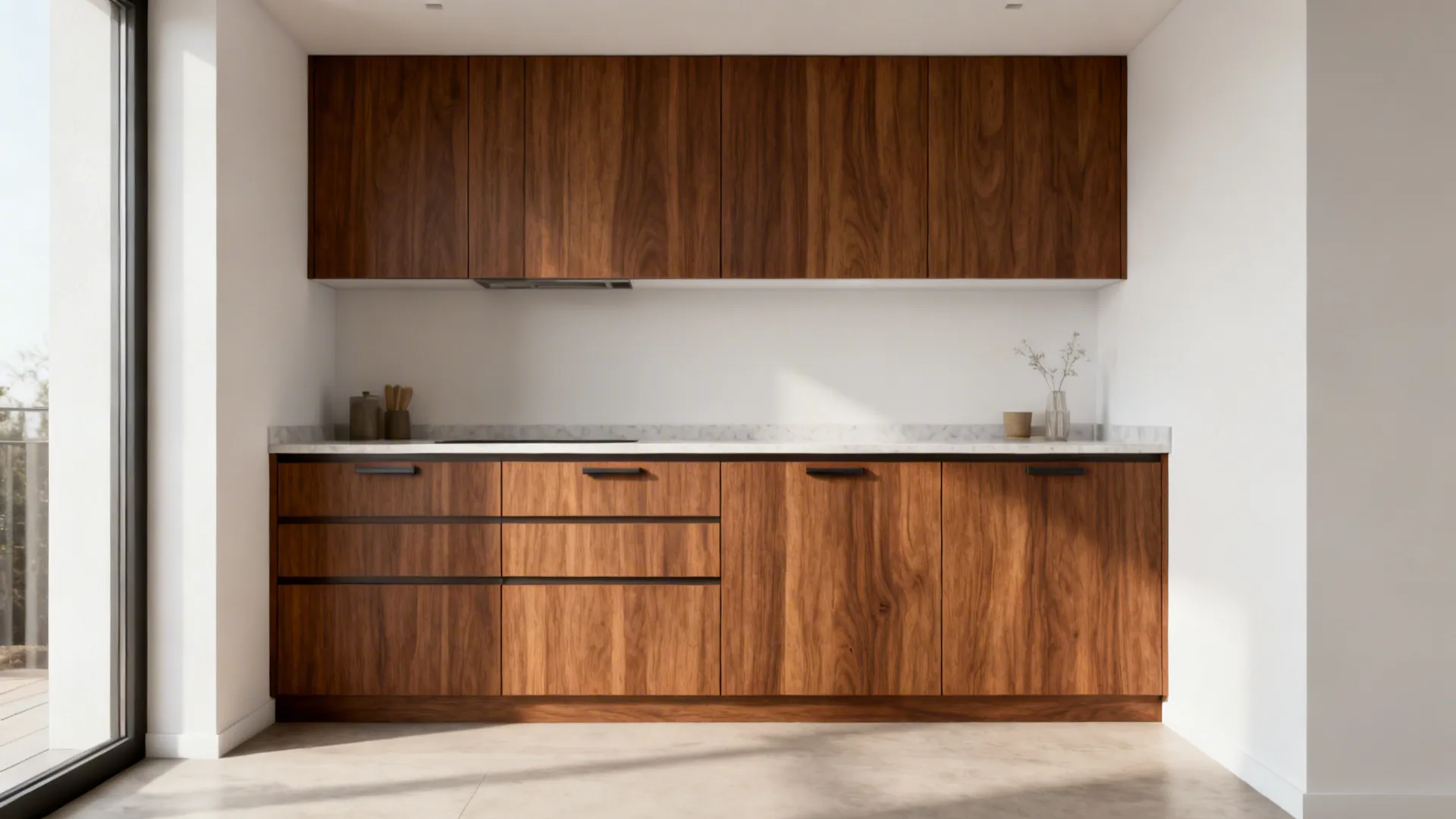 Compact kitchen with rift-cut oak veneer, slim counter, and flush pulls against white walls.