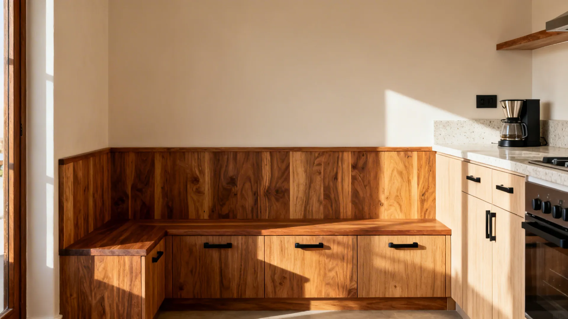 Wooden bench seating with wall panel in kitchen corner next to cabinets and coffee machine