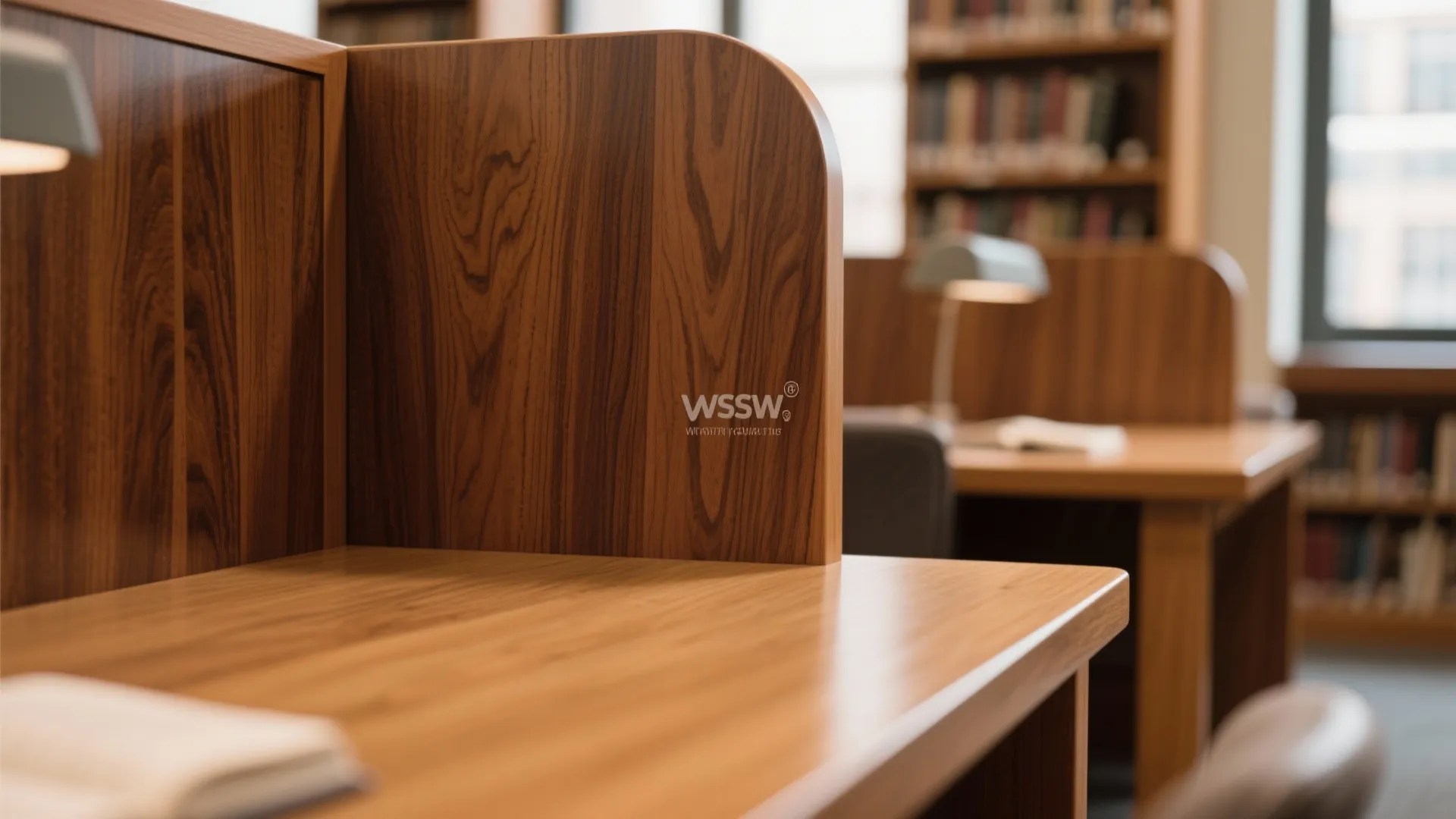 Close up of a wooden library desk with a divider showing natural grain and lighting
