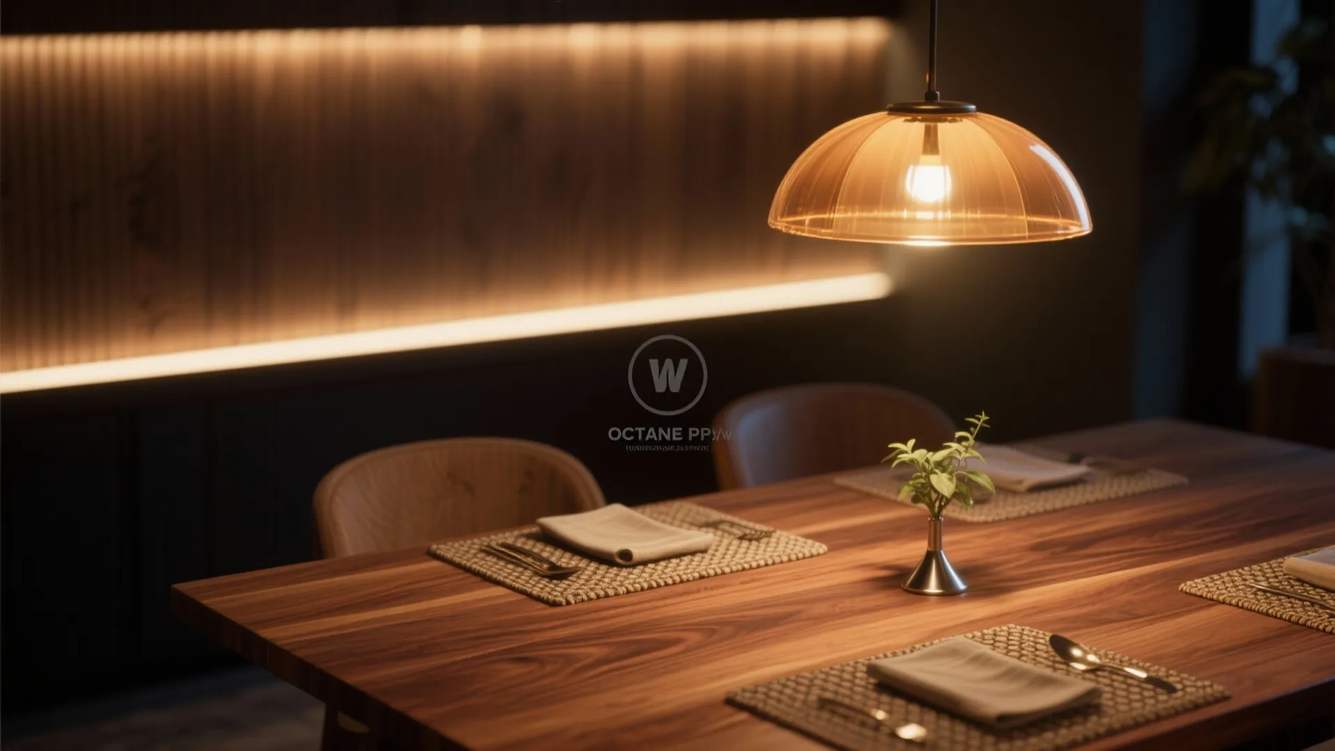 Warm wood tones and layered lighting for atmosphere