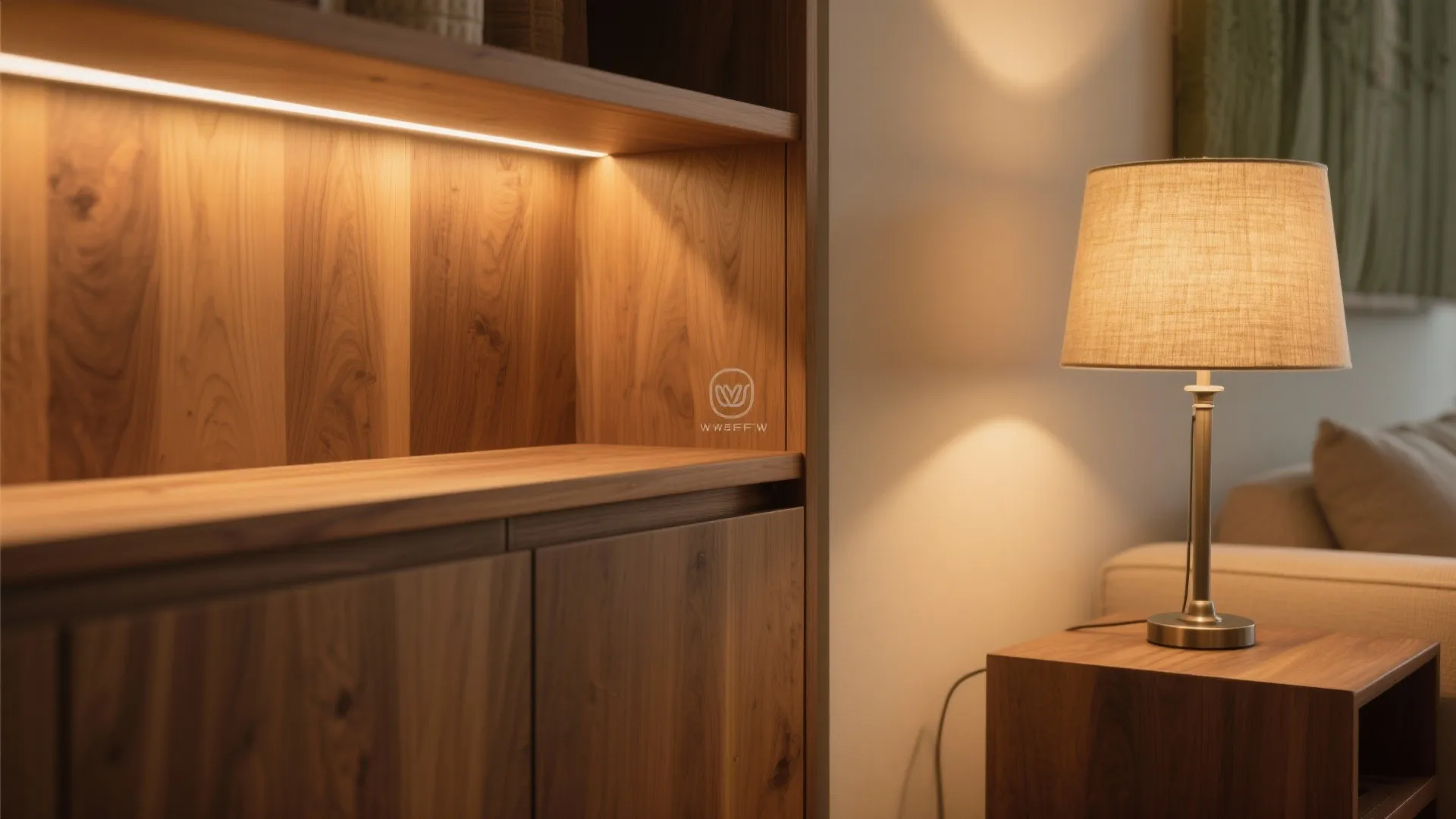 Layered lighting with warm wood accents