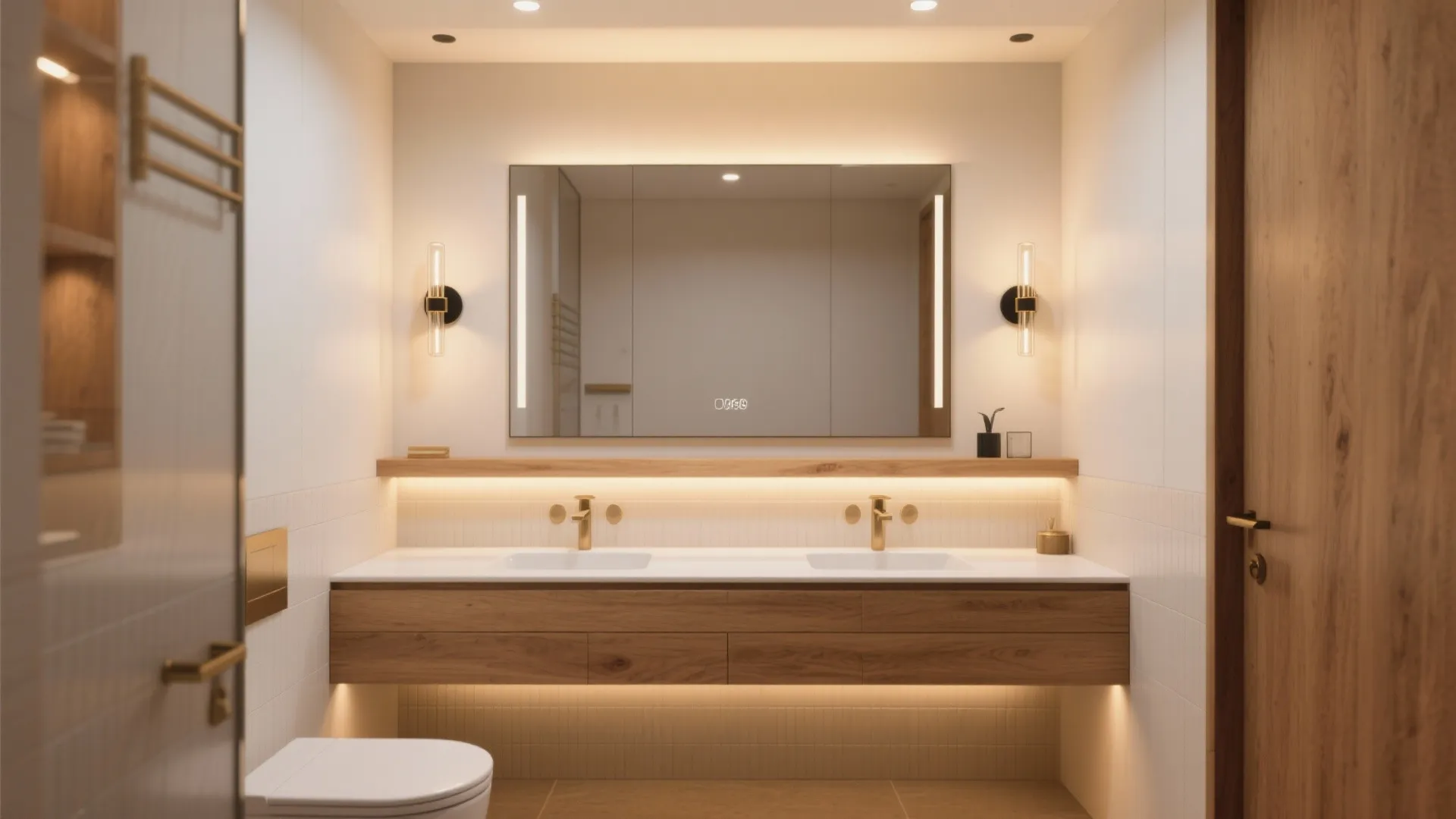 Warm wood accents and layered lighting that flatter