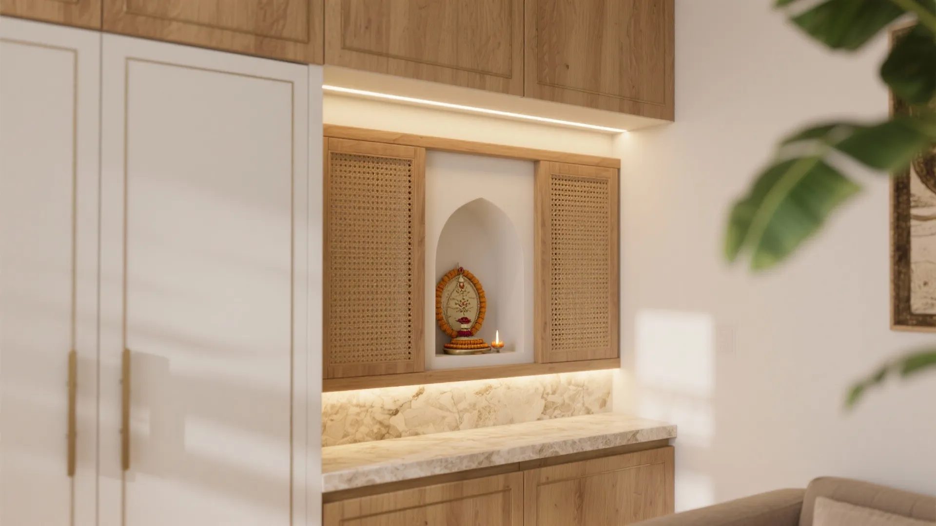 Warm wood tones, Vastu-friendly touches, and mindful lighting