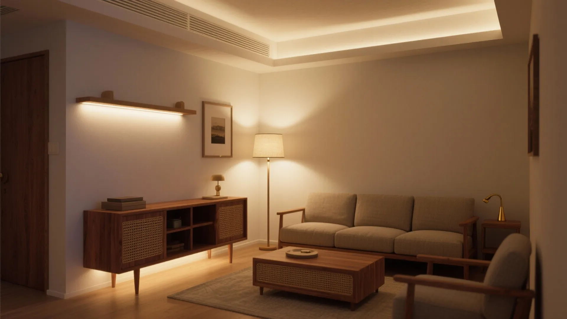 Warm wood elements and layered lighting