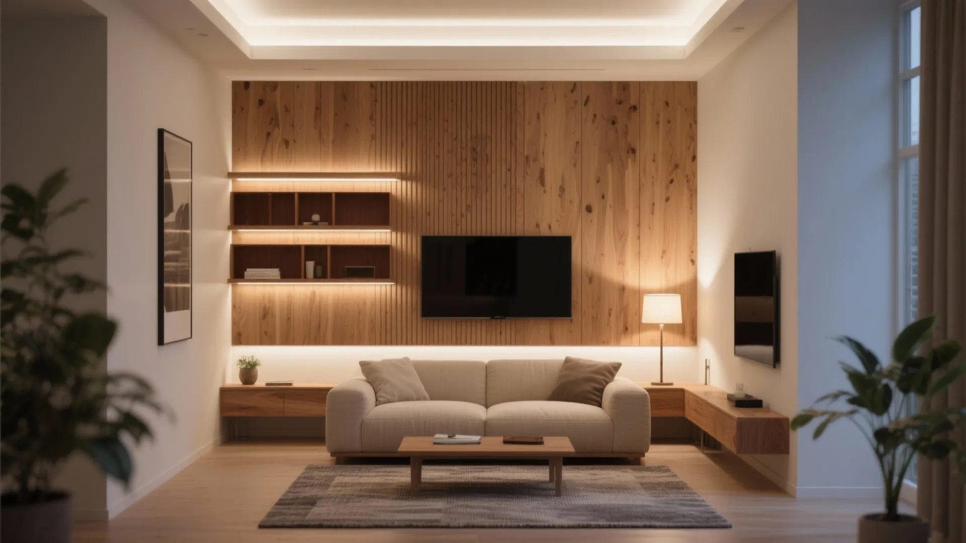 Warm wood tones and layered lighting to cozy up compact rooms