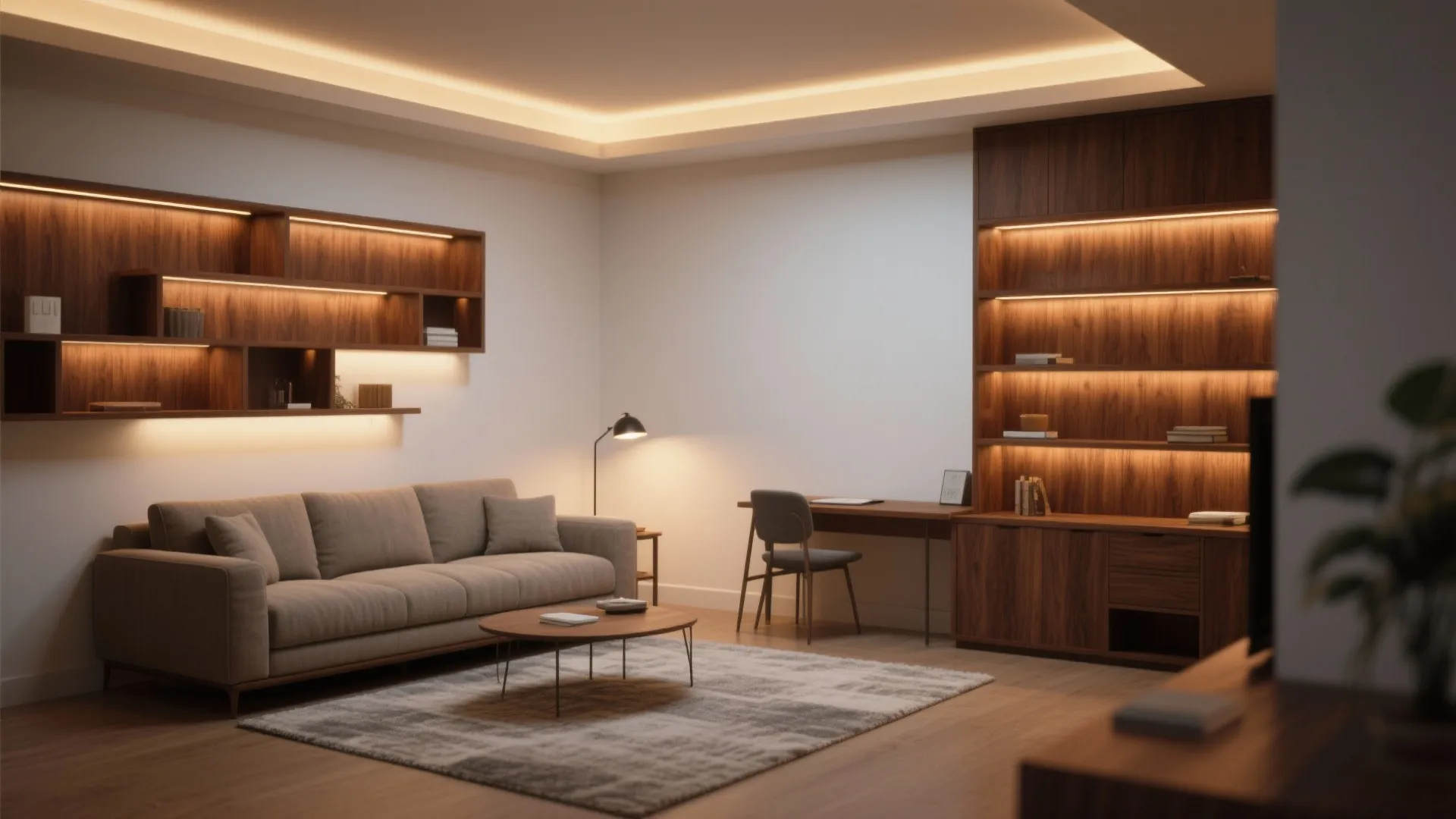 Warm living room with wooden wall shelves sofa floor lamp desk chair and soft lighting