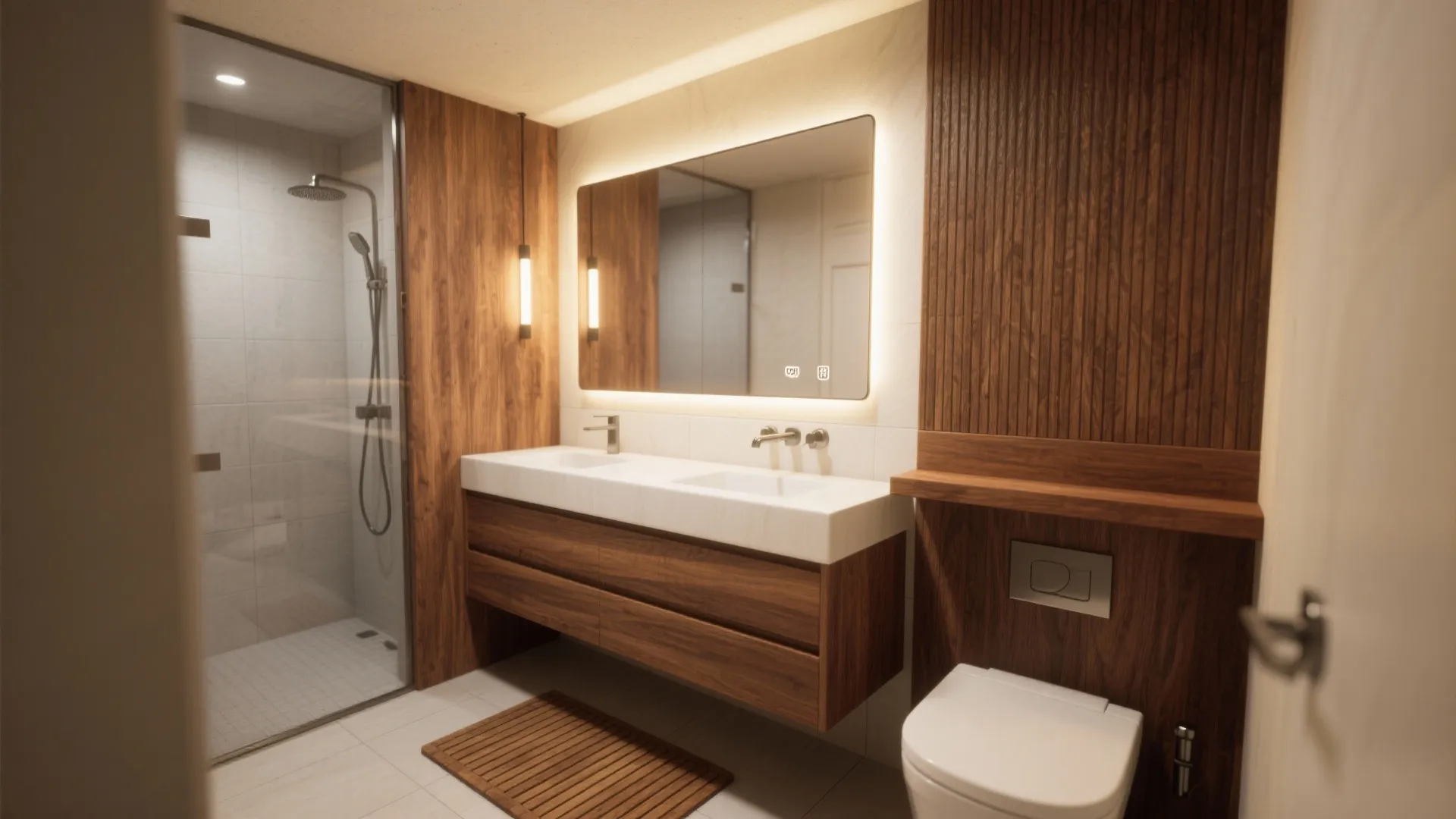 Modern bathroom featuring warm wood wall panels double sink vanity large lit mirror and shower