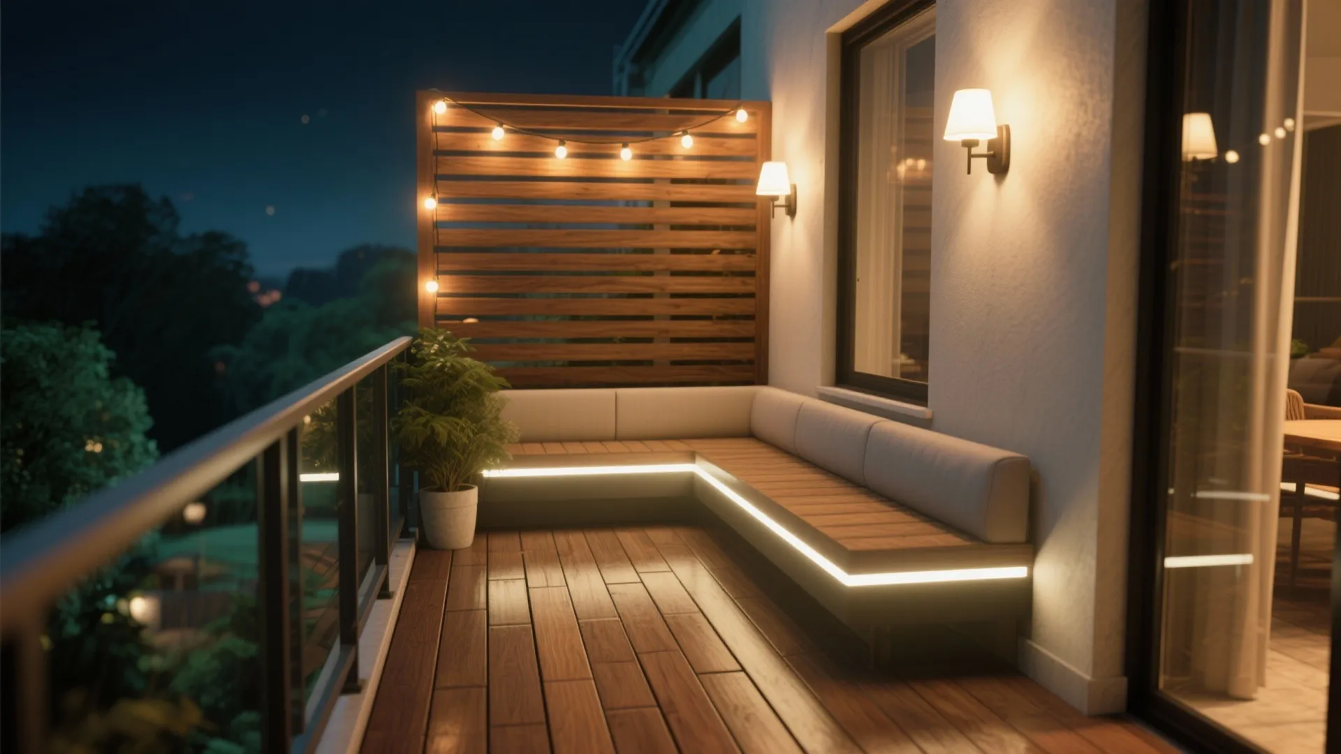 Warm wood deck tiles and layered LED lighting create an intimate nighttime mood on a compact balcony.