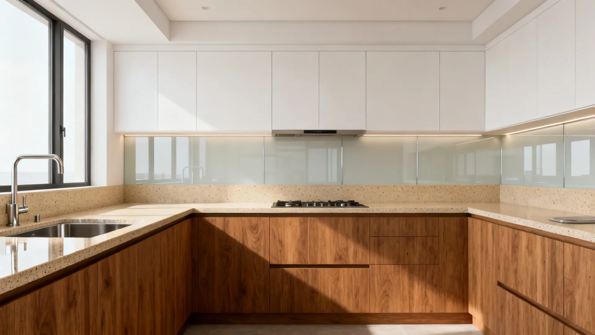 Bright kitchen with wood cabinets white wall units beige countertop sink window and warm sunlight