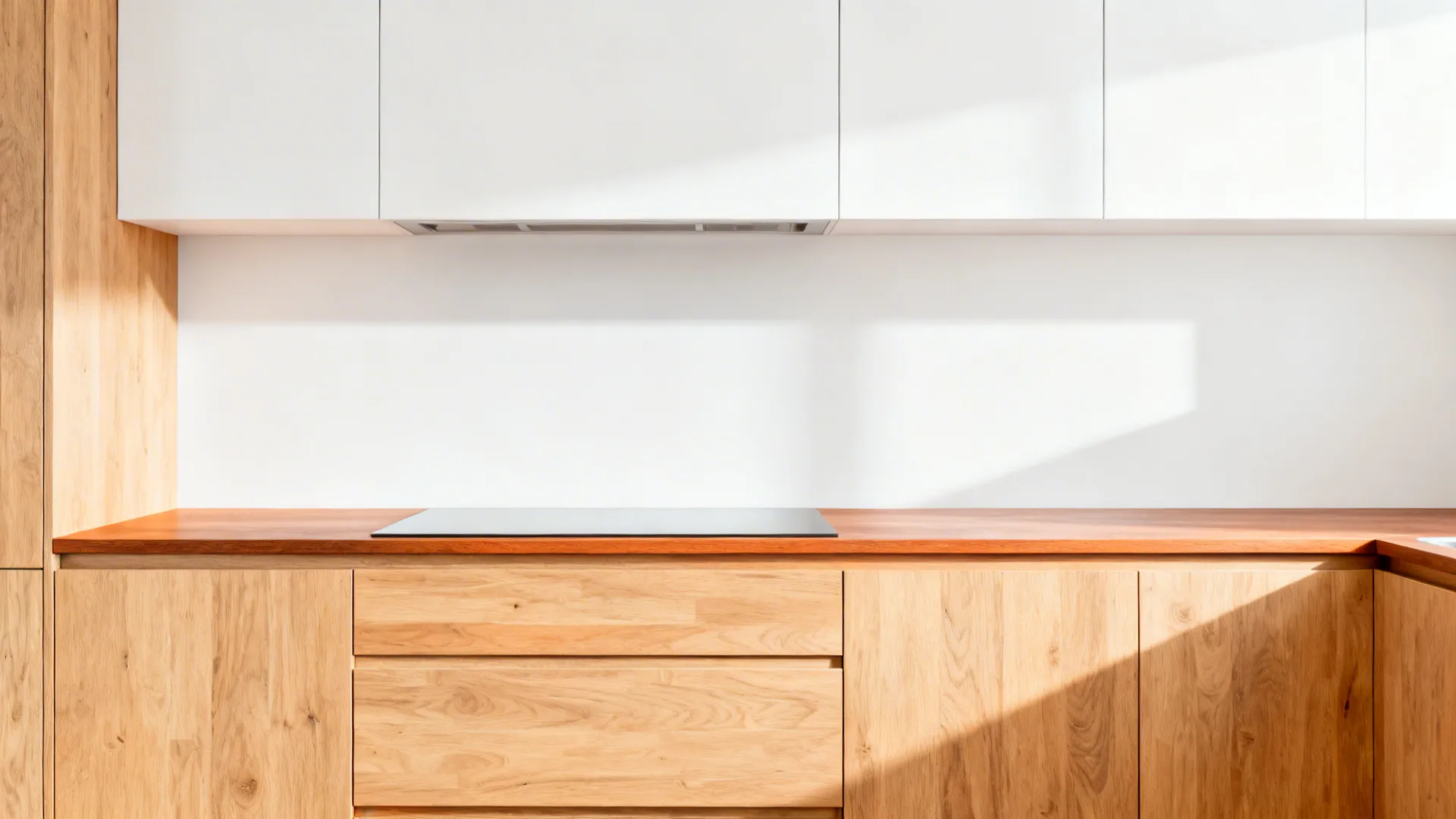 Small kitchen with light oak base cabinets and white uppers under soft daylight.