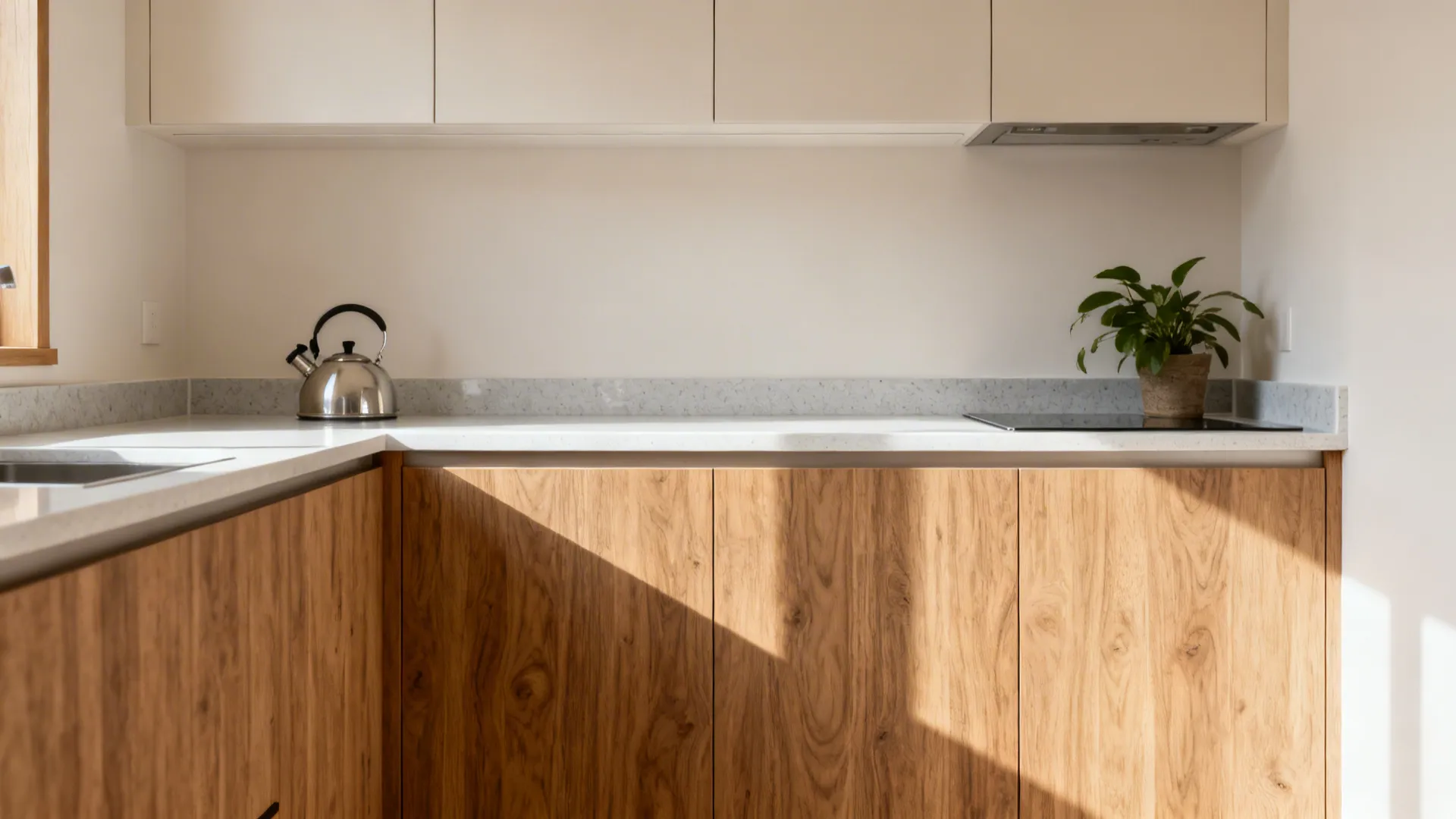 Textured oak-look base cabinets with a light quartz countertop in a cozy small kitchen.